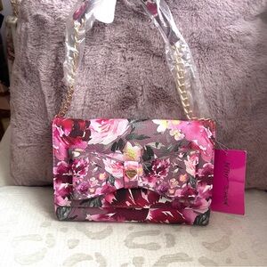Betsy Johnson Dani Mauve Pink Floral Bow Chain Strap Crossbody Wallet Bag NWT